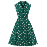 1950s Green Floral Print Turn Down Collar Sleeveless High Waist Robe Pin Up Vintage Dress