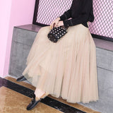 Women High Waist Mesh Solid A-Line Long Casual Pleated Skirts Streetwear