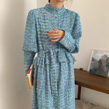 Women Vintage Loose Print Long Sleeve A-Line Maxi Vestidos Autumn Spring New Elegant Vintage Ruffles Dresses