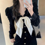 French Black Velvet Midi Dress Women Korean Fashion Evening Party Dress Office Lady Bow Design Lace Vintage Dress 2021 Autumn