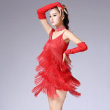 3 Pcs/set Outfit Dancewear Glove Choker V Collar Backless Rhinestone Sequined Fringe Latin Dance Costume Swing Tango Dress