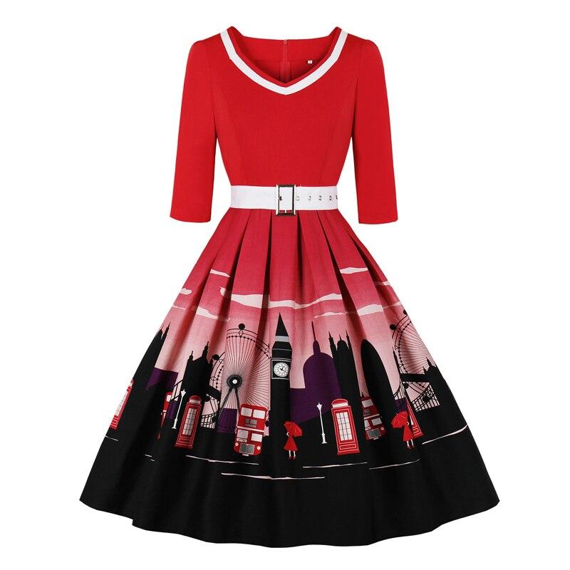 Red Print Elegant 50S Vintage Rockabilly Pleated Autumn Winter Plus Size 3XL 4XL Belt Dress