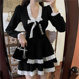 Vintage Black Dress Women Elegant V-neck Bow Lace Slim Mini Gothic Party Dress Female Autumn One Piece Dress