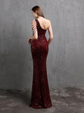 Elegant One Shoulder Mermaid Sequins Cocktail Party Dress Sleeveless Slim Tassels Crystal Prom Gowns Women's Formal Dress Long