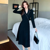 Women Elegant Notched Collar Sweater Suit Dress Long Sleeve Slim Waist Female A-Line Knitting Dress 2021 OL Vestidos