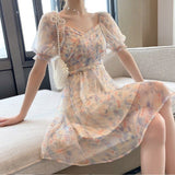 Korean Elegant Floral Boho Dress Women Summer Casual Sexy V-Neck Party Midi Dress High Waist Chiffon Casual Princess Fairy Dress