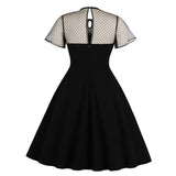 Black Women Bowknot Hollow Out Patchwork Mesh Robe Pin Up Swing Polka Dot Black Casual Dresses