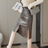 High Waist Pencil Skirts Women Korean Style All-match Vintage PU Leather Ladies Knee-length Skirt