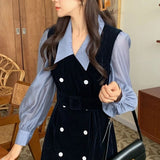 Women Autumn French Elegant Dress Patchwork Lapel Chic Double-Breasted Belt Lantren Sleeve Vestidos