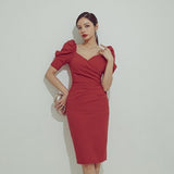 2021 Summer Women Elegant Party Dress Slim V-Neck Short Sleeve Midi Pencil Dress Office Lady Solid Puff Sleeve Dress