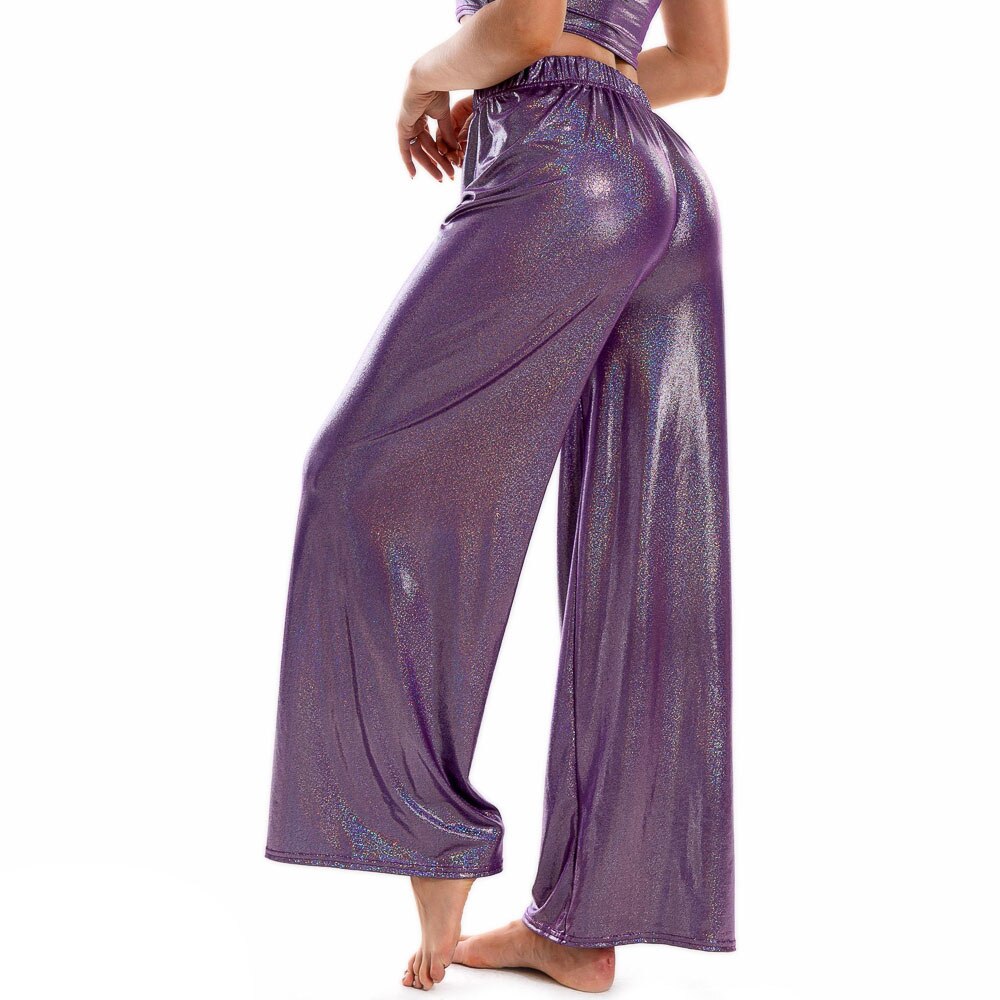 Summer Shiny Women Wide Leg Pants Elastic Waist Loose Casual Metallic Trousers Femme Long Straight Pants Streetwear