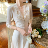 Elegant French Princess Style Lace V Neck Spring Autumn Dress Women  Long Sleeve High Waist  Female Clothes