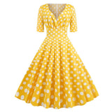 Retro Style High Waist Sexy V-Neck Wrap Polka Dot Women Spring Yellow Midi Elegant Party Cotton Vintage Dress
