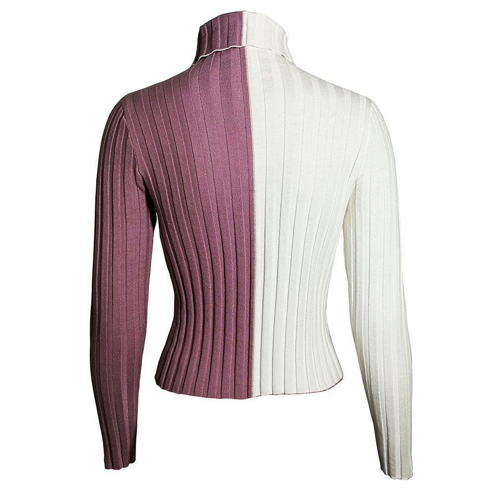 Ribbed Patchwork Sweater Women Contrast Color Pull Long Sleeve Slim Ladies Jumper Casual Spring Turtleneck Knit Tops