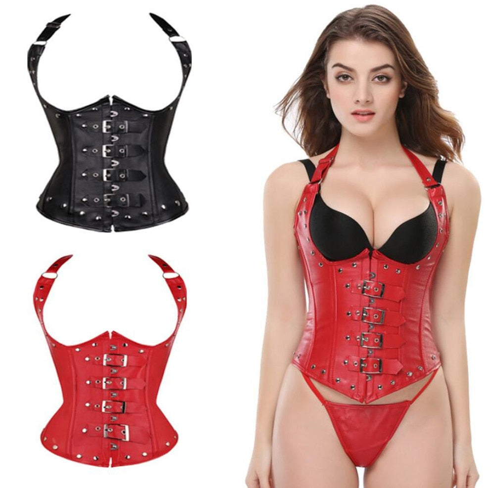 Sexy Halter Leather Gothic Corselet Top Women Steampunk Clothing Waist Trainer Underbust Bustier and Corset Plus Size 6XL