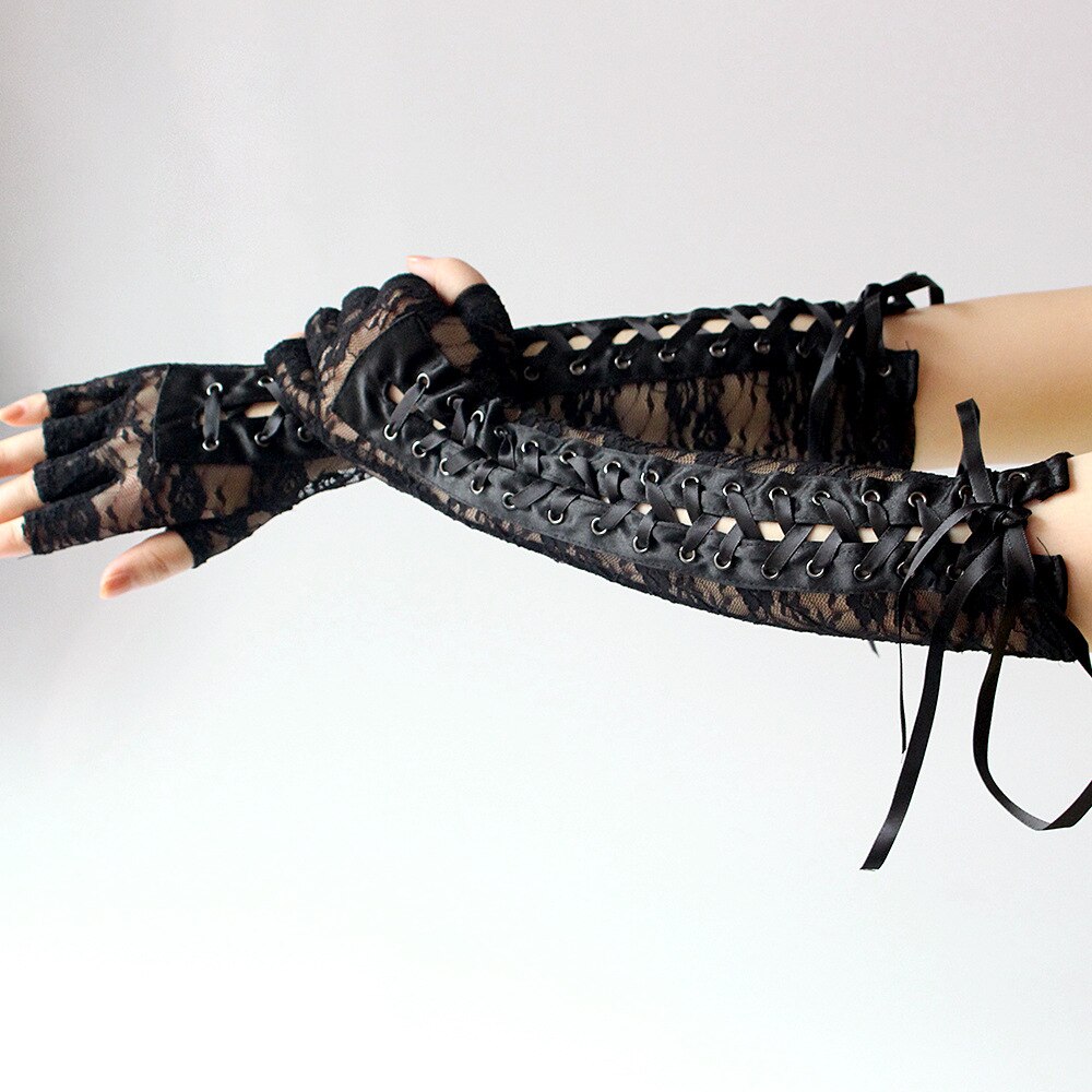 Women Sexy Floral Lace Half Finger Gloves Long Elbow Lace Up Steampunk Party Costume Arm Warmer Sexy Club Ribbon Mittens