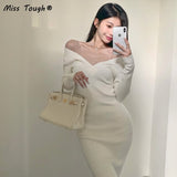 Winter Elegant Knitted Dress Women Solid Sexy Bodycon Party Midi Dress Female Casual Korean Fashion One Piece Sweater Dress 2021