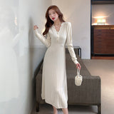 Ladies Elegant V-Neck Single-Breasted Women Thicken Sweater Dress 2021 Autumn Winter Female Knitted A-Line Vestdios