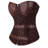 Sexy Steampunk Zipper Waist Cincher Buckle Corsets Brocade Bustier Rivets Gothic Brown Costumes