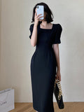 Summer Women Elegant Midi Slim Solid Black Dress Office Lady Fashion Bodycon Puff Sleeve Dress