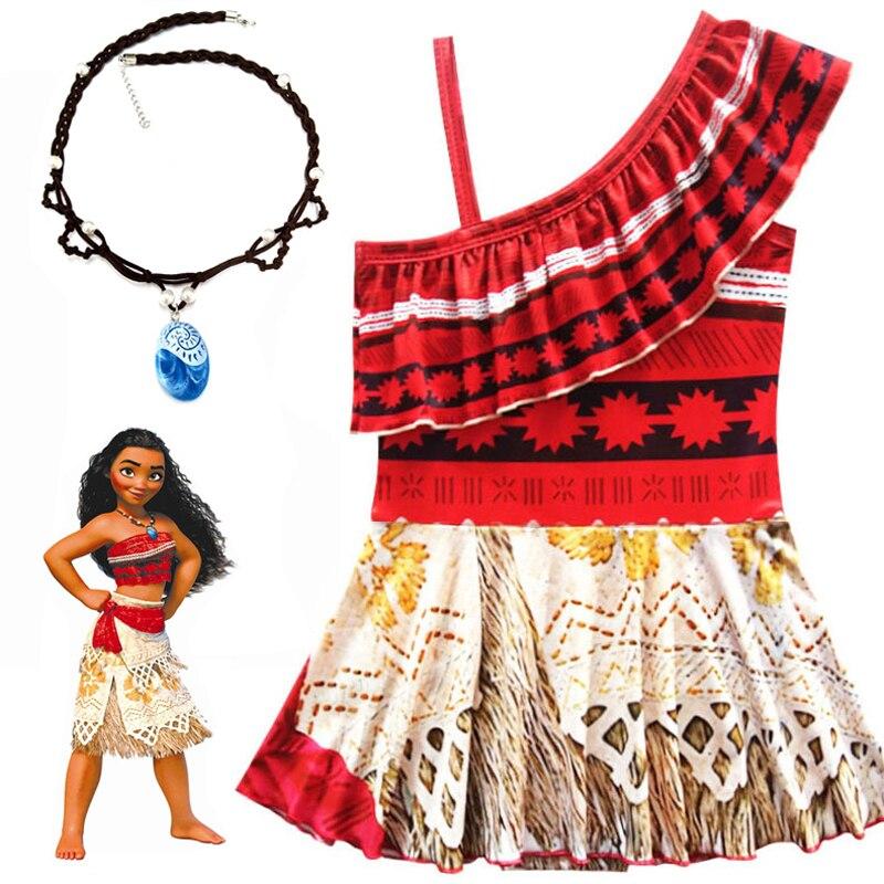 Girls Moana Cosplay Costume Vaiana Princess Dress with Necklace