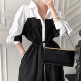 Women Spring Summer Black White Patchwork Shirts Dress Long Sleeve A-line Lace-up Dresses Vestidos