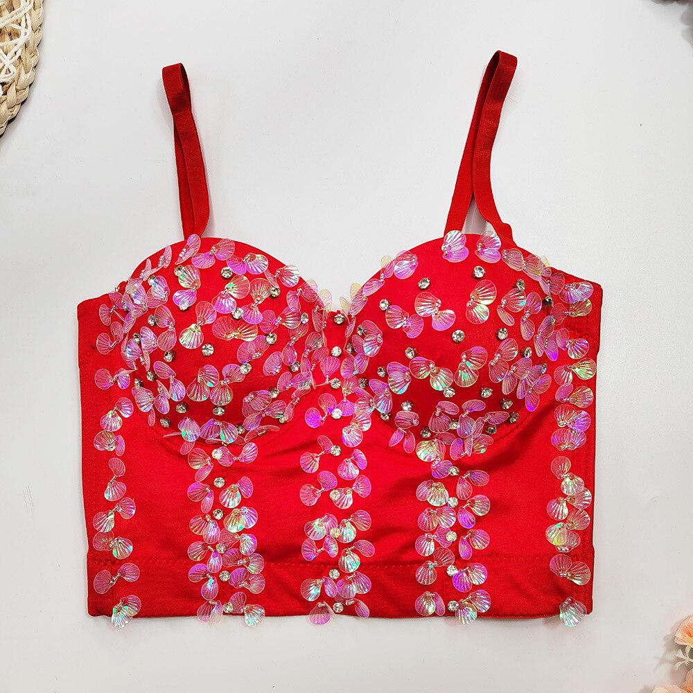 Sexy Corset With Cups Rhinestone Sequins Party Short Women Camis Crop Top In Bra Cropped YH8300