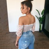 Summer Casual Crop Tops Off Shoulder Ruched Ladies Sexy Polka Dot Mesh Drawstring Blouses
