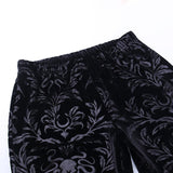 Women Floral Embossed Velvet Skinny Vintage Flare Pants High Waist Streetwear Spring Black Trousers