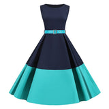 Navy Blue and Turquoise Color Block Retro Robe Summer Dress Women Sleeveless High Waist Belted Vintage Dresses Party