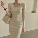 Chic Knitted Dress Women Long Sleeve Sweater Midi Party Dress Female Office Lady Autumn 2021 Slim Solid Bodycon Vestdios