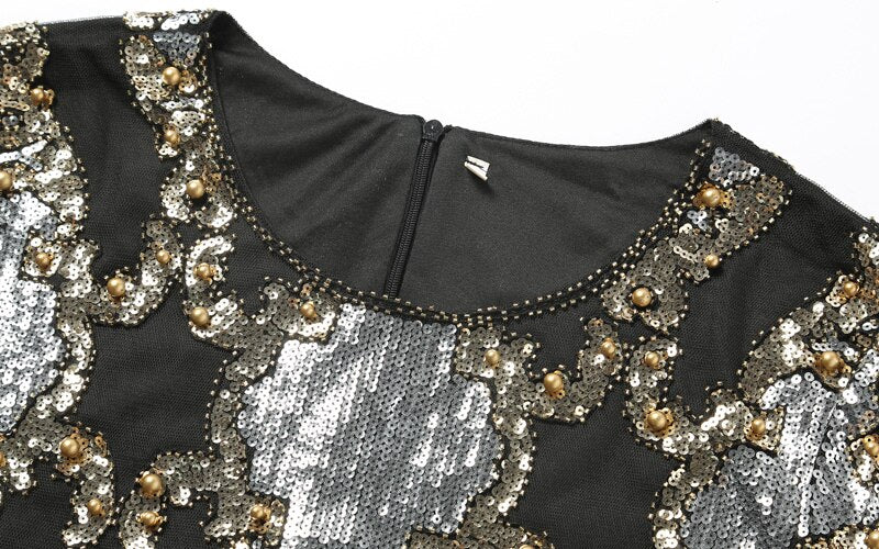 Luxury Designer See-Through Mesh Vintage Shift Dress Long Sleeve Beaded Diamond Embroidery Sequin Party Dress