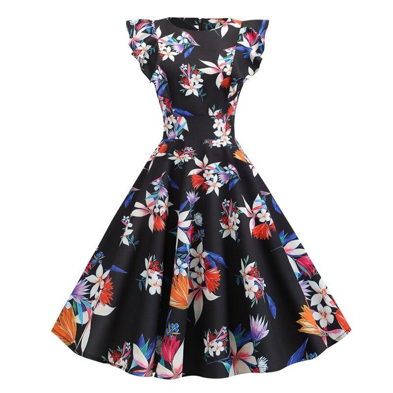 Ruffle Sleeve Floral Print Vintage Robe Elegant 50S 60S Women Summer Pin-Up Wear Knee Length Party Dress
