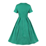 1950s Green Striped Short Sleeve Midi Swing Pockets Elegant Robe PIn Up Retro Vintage Dress