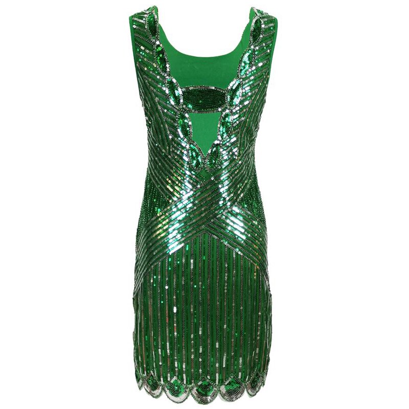 1920s Gatsby Sequin Art Deco Scalloped Hem Inspired Flapper Dress Vintage O-neck Sleeveless Hollow Out Back Party Dress