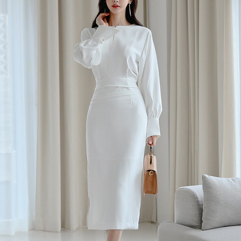 Women Chic Design Midi Dress Elegant Casual Office Lady High Wasit Fashion Slim Long sleeve Slit Dress