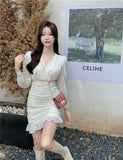 Women Ruffle Mini Dress Casual High Street French Long Sleeve High Waist Party Elegant Dress Female Clothing