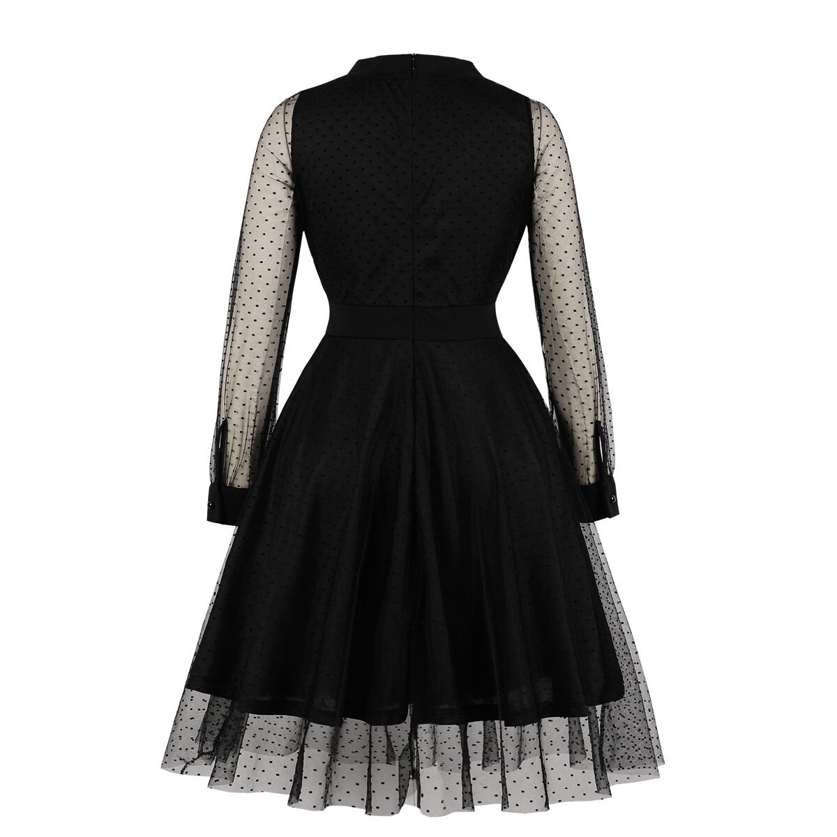 Black V Neck Long Sleeve Dotted Mesh Overlay Midi Dress Spring Autumn Women High Waist Elegant Party Robe Vintage Pleated Dress