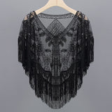 Women 1920s Sequined Shawl with Tassels Beaded Pearl Fringe Sheer Mesh Wraps Gatsby Flapper Bolero Cape Cover Up