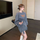 Autumn Women Fashion Fleece Thicken Hoodies Mini Dress Female Long Sleeve Letters Drawstring Clothes