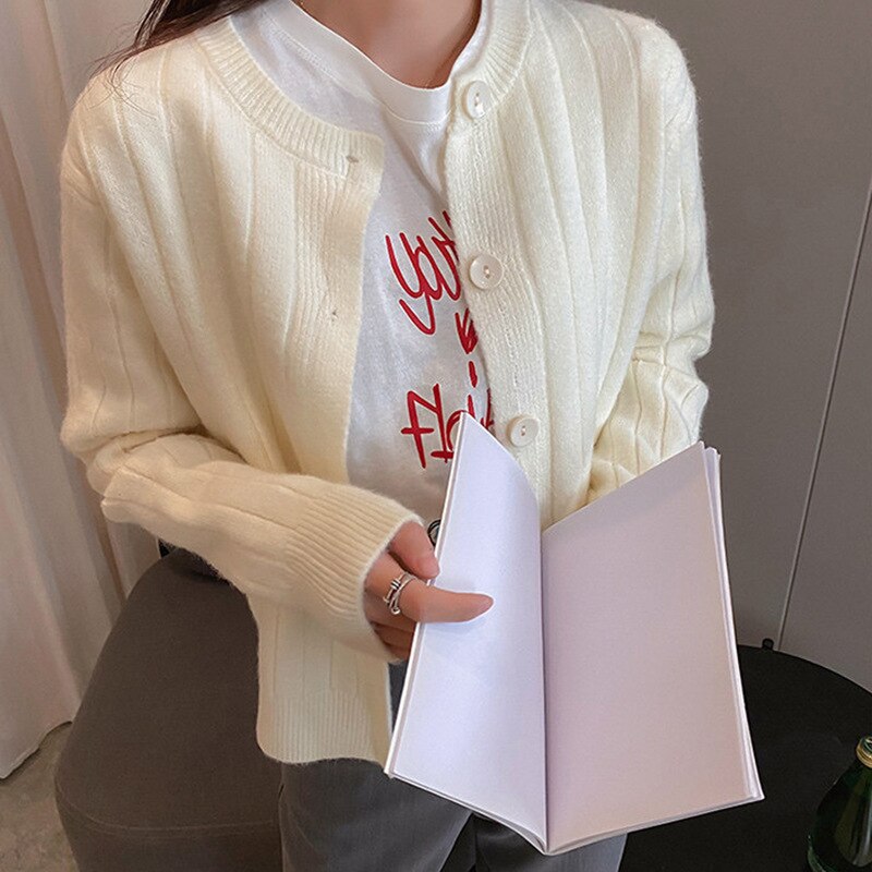 New Women Casual Single-breasted Cardigans Knit Sweater Long Sleeve Cropped Tops Outwear