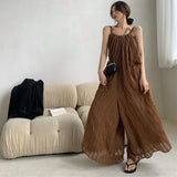 Summer Women 2021 Backless Sleeveless Wide Leg Jumpsuits New Full Length Pockets Plaid Female Bodysuits