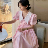 Korean Pink Kawaii Dress Women Fit Chic Designer Sweet Long Elegant Dress Summer 2021 Casual Puff Sleeve Party Pleated Dress