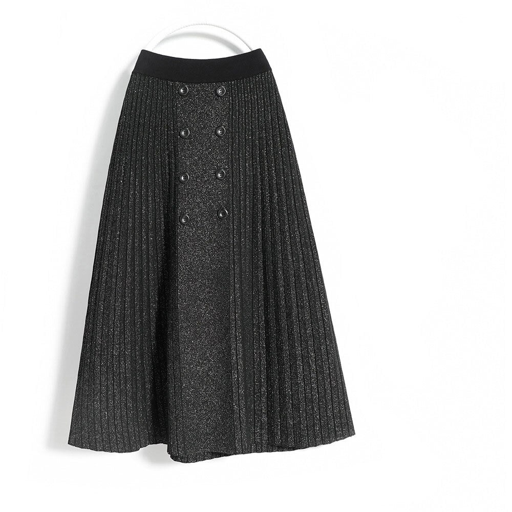 Winter Women Elastic High Waist Elegant Pleated Thick Knitted A-Line Skirts Button Streetwear