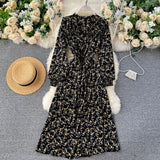 Women Casual Autumn Lady  Vintage Floral Printed Chiffon Shirt Dress Long Sleeve Bow Midi Spring Summer  Vestido