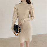 2021 Autumn Winter Fashion Sexy Half High Neck Women's Mini Knit Dress Casual Bodycon Solid Long Sleeve Ladies Dress