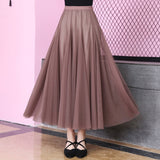 Women High Waist Mesh Solid A-Line Long Casual Pleated Skirts Streetwear