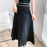 Autumn Women A-Line Elastic High Waist Stripe Knitted Black Skirts Outwear