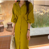 New 2020 Women Summer Shirt Dress Solid Colors Casual Elegant Slim Waist  Long Female Party Vestidos femme Dress