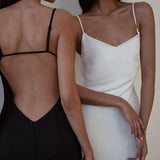 Summer Suspender Backless Sexy V-Neck Women Elegant Solid Long Vestidos Beach Dress Black